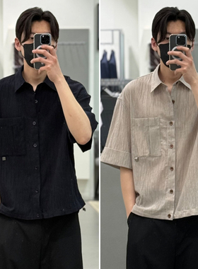 0322夏款Liberclassy藏青色米色褶皱口袋休闲短袖衬衫3色