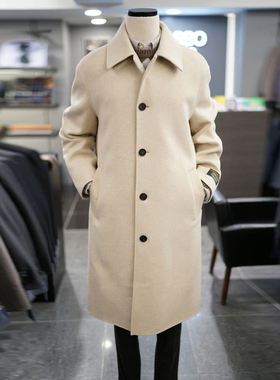 0301冬款BASSO米色纯色翻领羊毛混纺手工长款休闲毛呢大衣