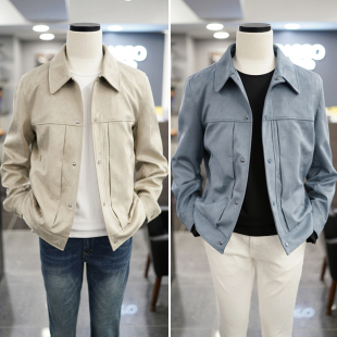 0325春BASSO米色天蓝色纯色人造皮革绒面翻领短款 仿麂皮夹克男2色