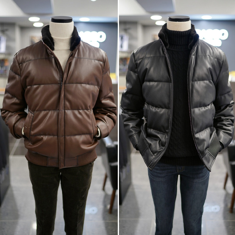 0525冬款BASSO棕色黑色立领可拆卸貂毛领鹅绒仿皮皮衣夹克