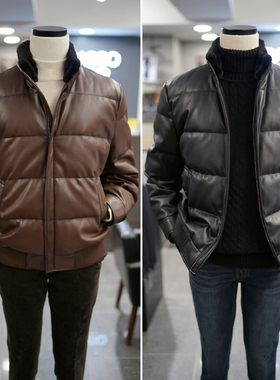 0130冬款BASSO棕色黑色立领可拆卸貂毛领鹅绒仿皮皮衣夹克