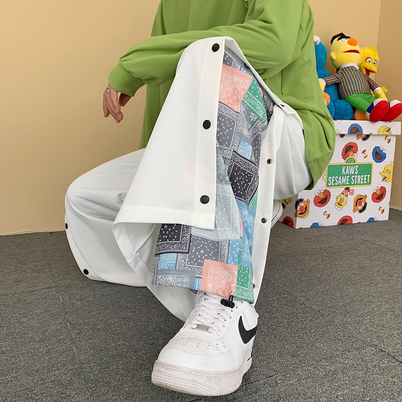 2024春款腰果花拼接排扣运动裤休闲裤宽松直筒阔腿开衩裤KK28-P45，男装休闲裤，电商A062