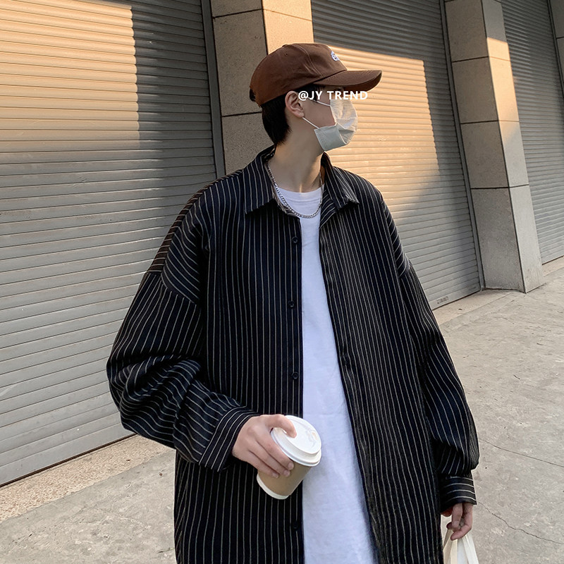 2025春款条纹长袖衬衫港风青少年中性宽松衬衣CSS08-P35-48,男装衬衫,电商A062