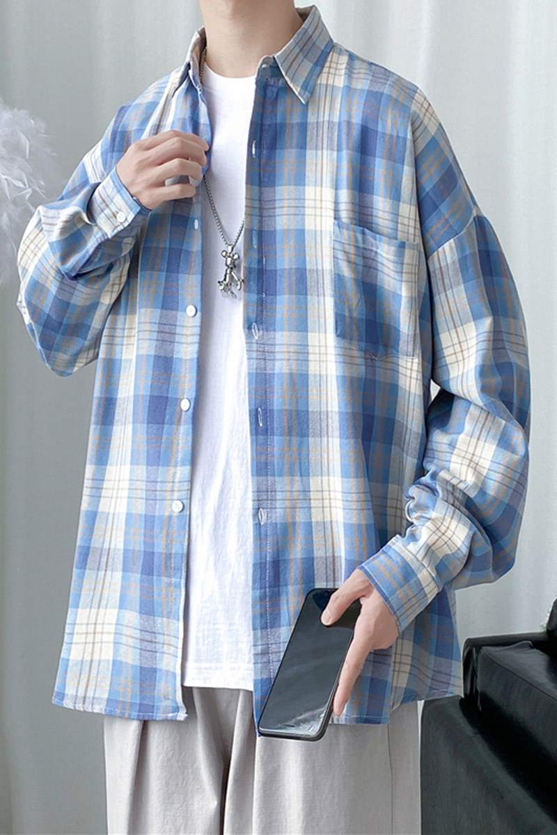 2025春季长袖大格子衬衫宽松休闲纯棉学生尖领衬衣CS8009-P35控49,男装衬衫,电商A062