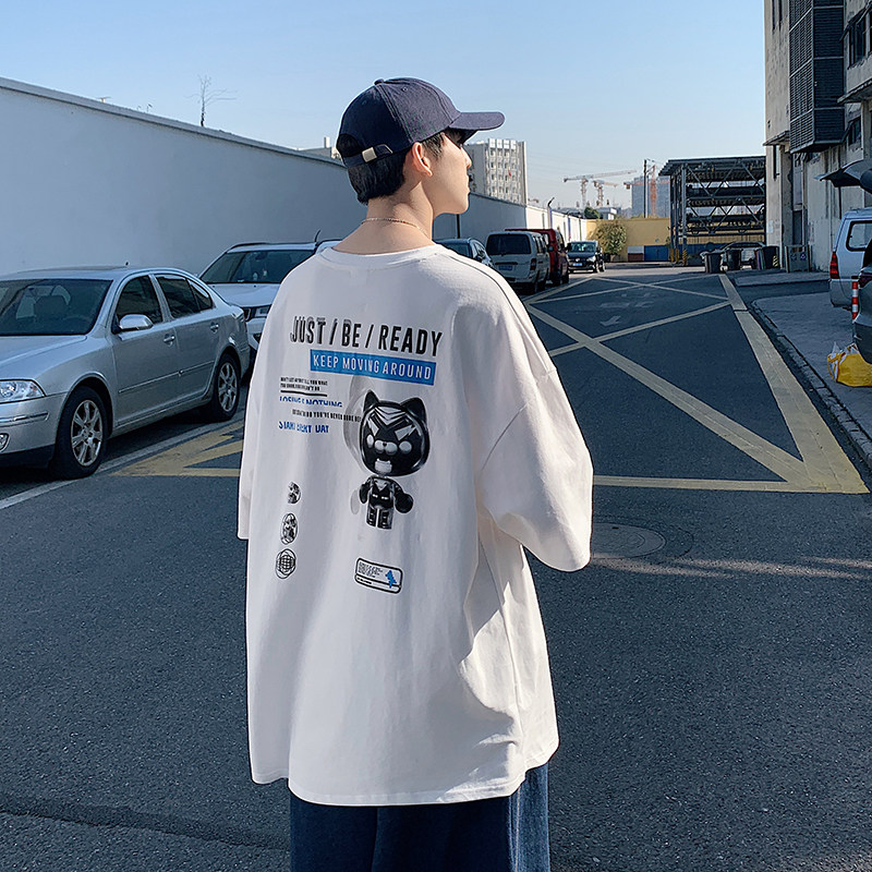 2025新款卡通印花T恤短袖青少年流行夏季宽松圆领休闲服T8878-P35,男装T恤,电商A062