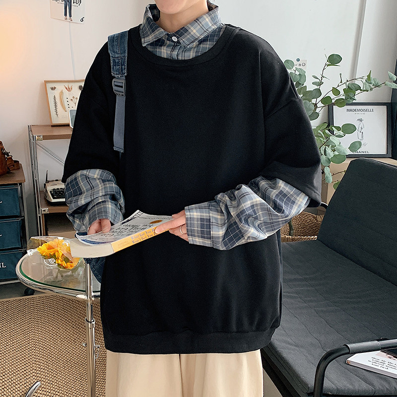 2025秋季新款格子长袖上衣男士宽松圆领假两件卫衣W07-P45-控58,男装卫衣,电商A062