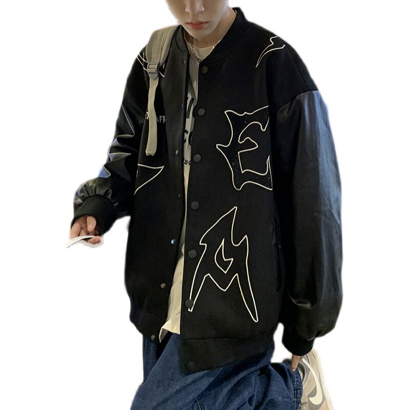 男生秋季高级感休闲夹克双层毛呢拼皮刺绣烫钻棒球服JK11-P70控85,男装夹克,电商A062