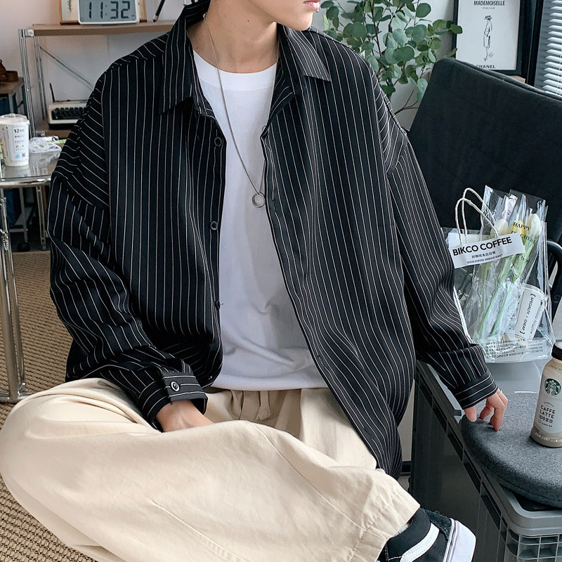 202春款条纹长袖衬衫港风青少年中性宽松衬衣CSS08-P35-48，男装衬衫，电商A062