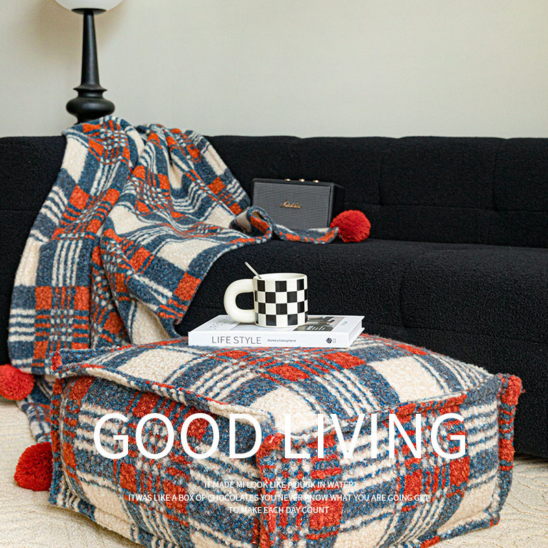 复古橙蓝英伦格子坐墩可拆洗蒲团搭毯客厅懒人沙发脚凳地板坐垫