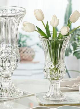 轻奢高脚杯透明玻璃风灯花瓶装饰鲜花干花家居摆件浮雕ins风花瓶