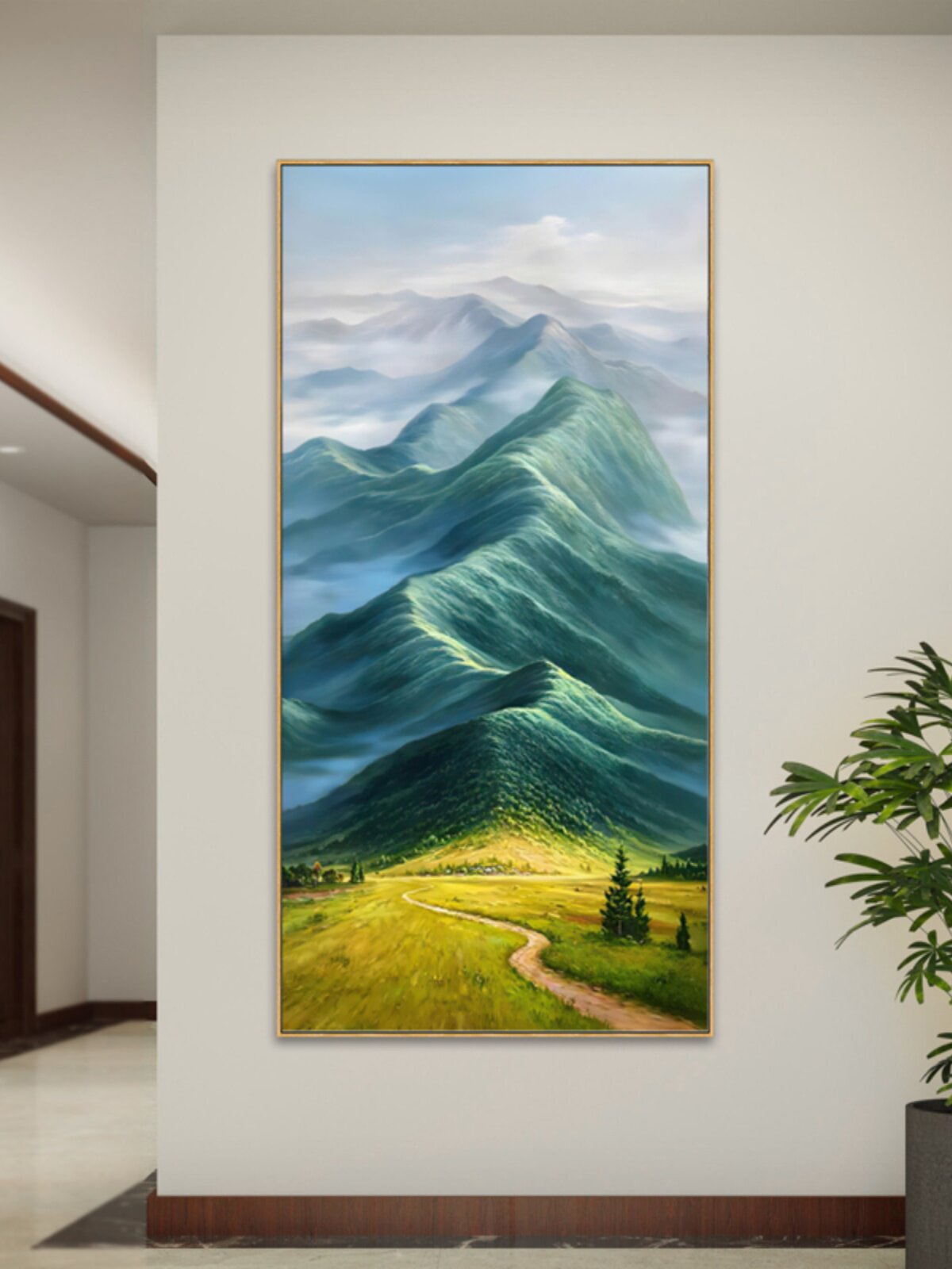 巨人山风景山水画玄关油画客厅竖聚宝盆美式手绘画入户走廊过道画