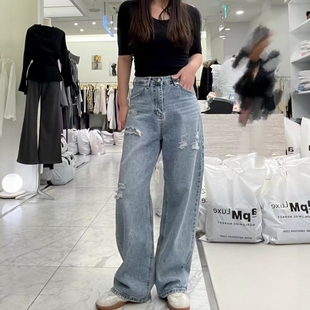 韩国东大门26春PAI正品代购高腰显瘦直筒裤宽松磨破牛仔长裤1223