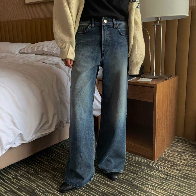 韩国货正品25冬加绒PI2松紧高腰宽松显瘦直筒裤长款复古牛仔裤674