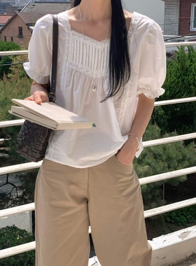 韩国东大门2026夏款all over正品代购方领泡泡袖宽松显瘦百搭上衣