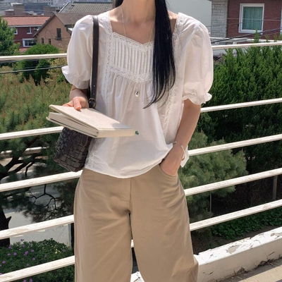 韩国东大门2026夏款all over正品代购方领泡泡袖宽松显瘦百搭上衣