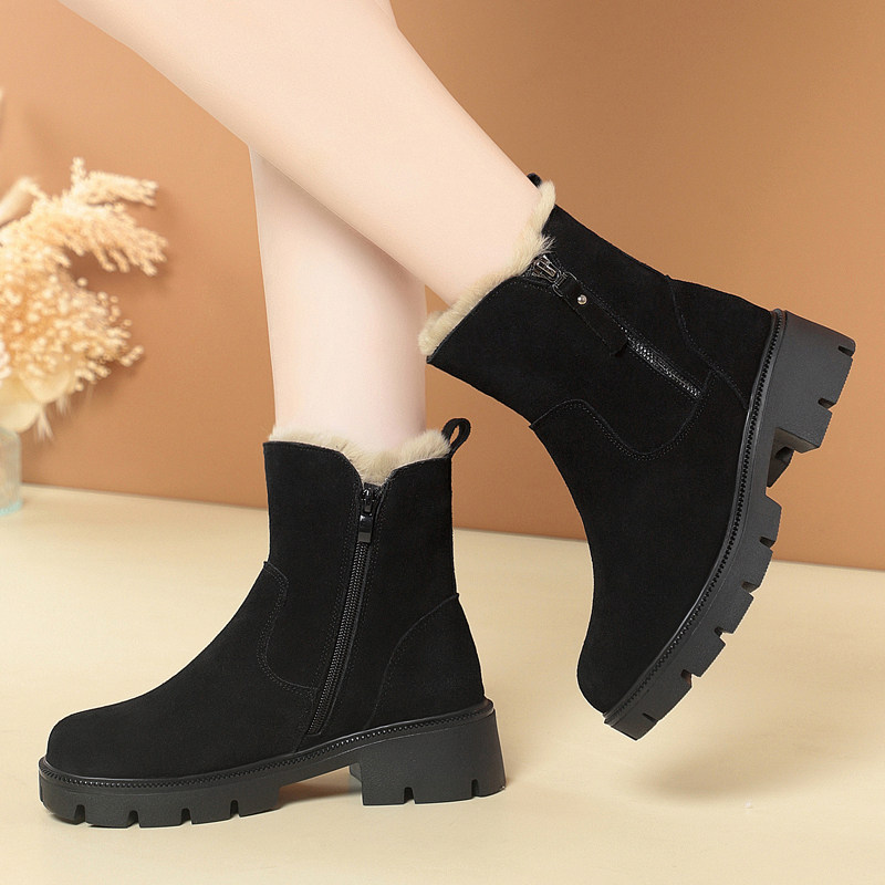 冬季羊毛一体防寒短靴磨砂牛皮春秋单靴加绒保暖中跟防滑软底棉靴,女鞋,时尚雪地靴,淘宝优惠券,粉丝福利购,淘宝优惠卷