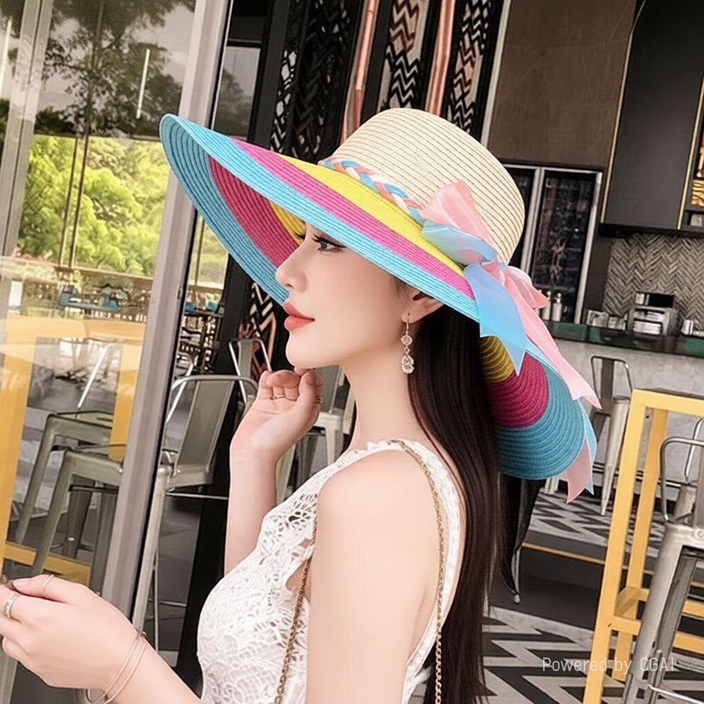 草帽女夏天出游防晒帽沙滩帽海边休闲度假时尚彩虹条纹大沿遮阳帽