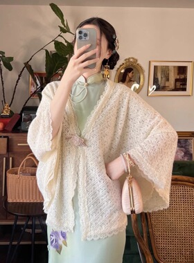 旗袍披肩小外套外搭配少女2025新款春秋季高级感蕾丝针织开衫斗篷