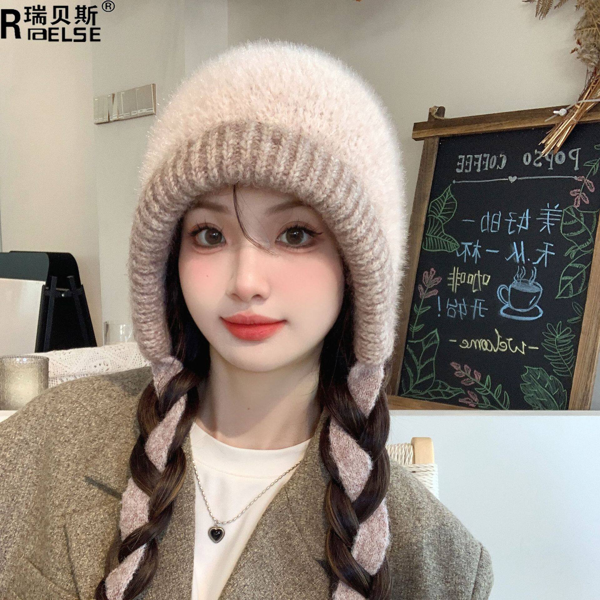 韩版秋冬帽子女时尚百搭毛绒针织毛线帽防寒保暖显脸小护耳套头帽