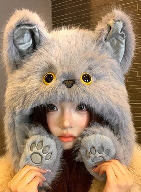 猫咪耳朵会动毛绒帽子女冬大头围加厚保暖护耳雷锋帽春季薄款适用