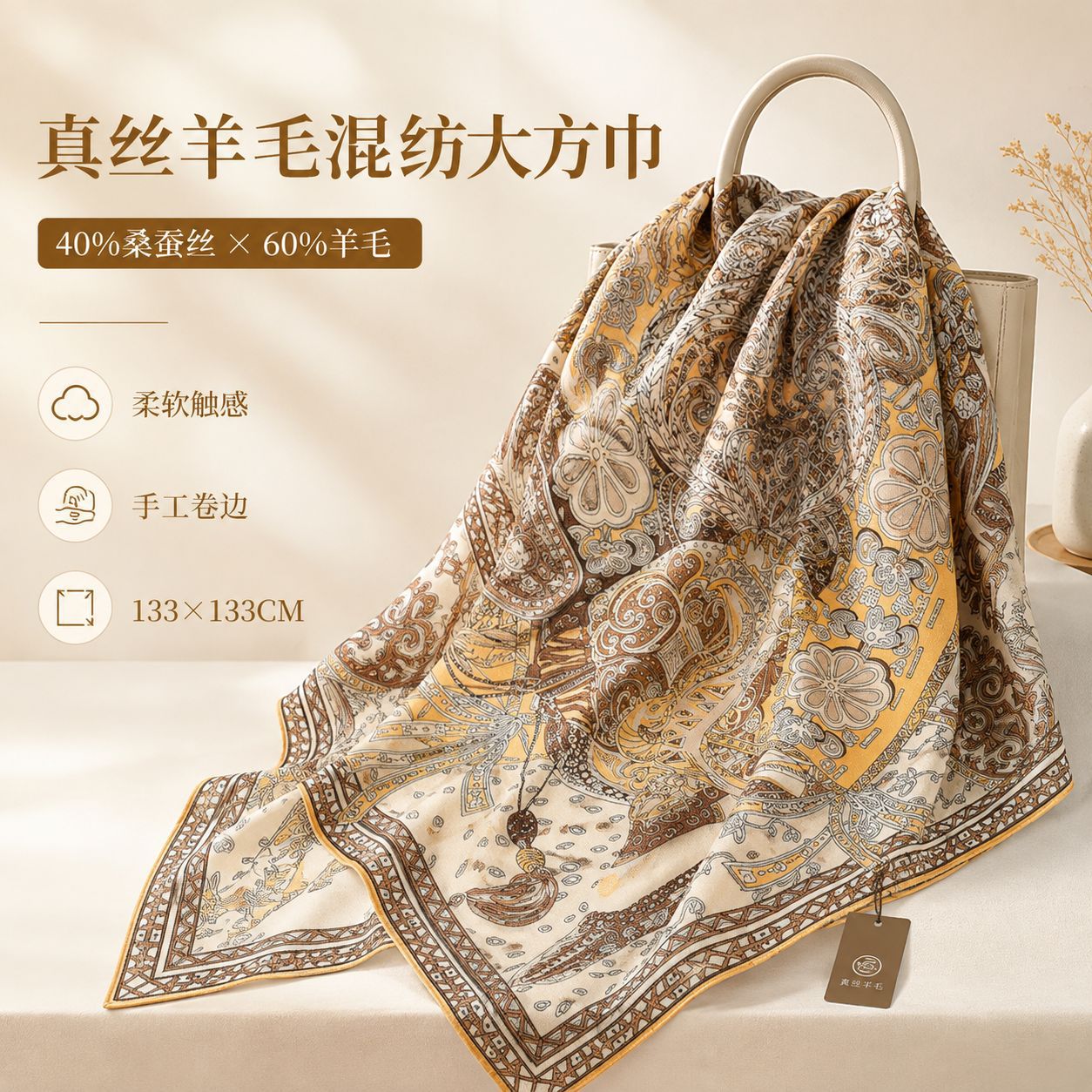 双面异色羊毛真丝围巾夏季轻奢丝毛大方巾丝巾大牌空调房披肩外搭