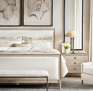 法式乡村复古家具美式简约亚麻高端美国RH原单全实木床雕花双人床