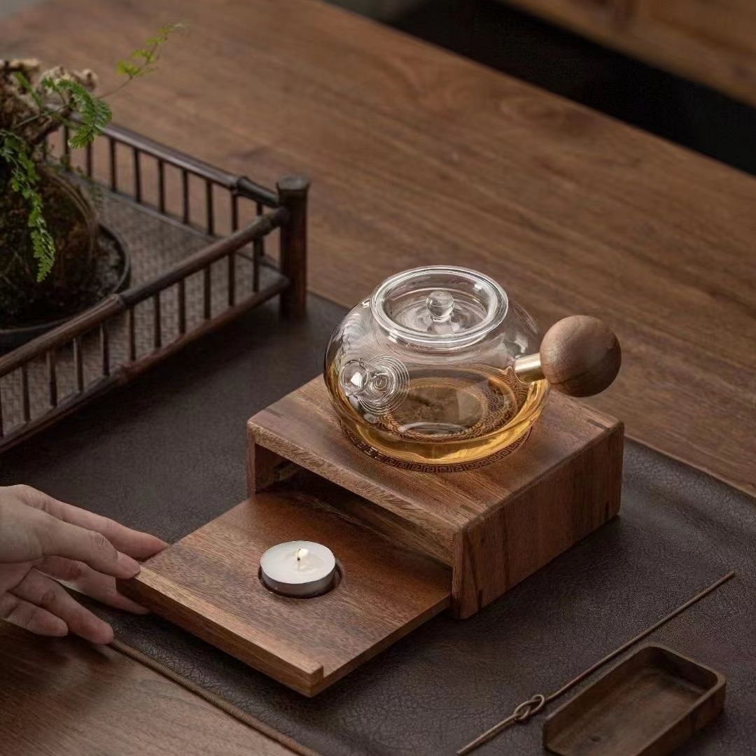 胡桃木温茶器实木煮花茶底座餐厅围炉煮茶保温套装蜡烛火炉烘茶叶