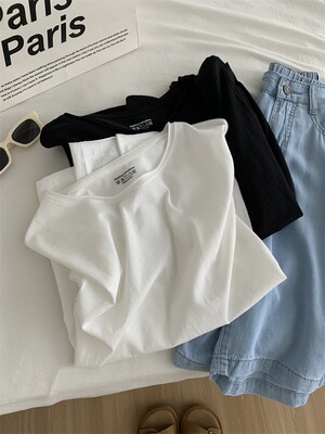 卷边圆领长袖T恤简约休闲韩系垂感雪花棉纯色春秋百搭薄打底衫女