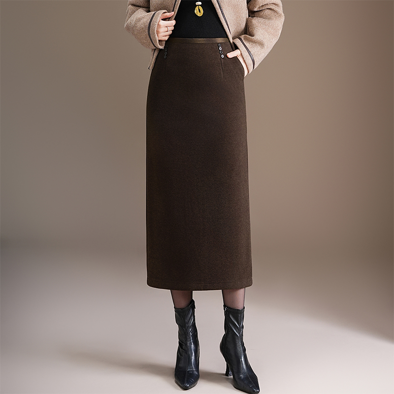 羊绒毛呢半身裙女秋冬新款高腰修身包臀裙口袋时尚直筒开叉一步裙