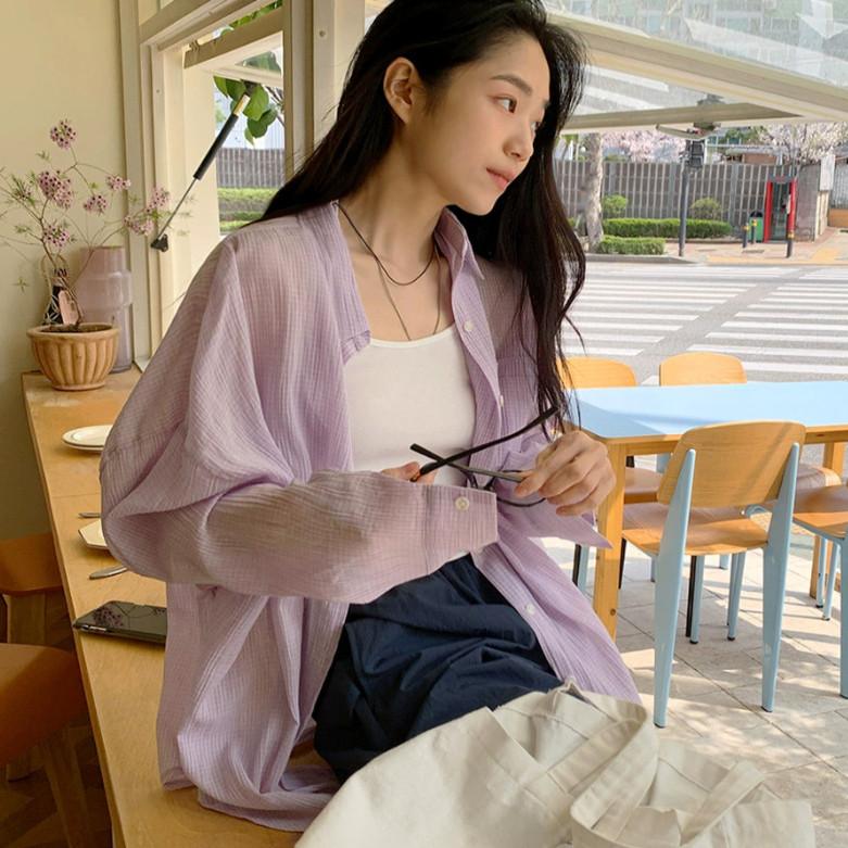 夏季韩国东大门显肤白淡紫色透气格子薄纱长袖衬衫女防晒纯棉衬衣