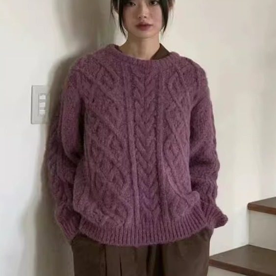 秋冬韩国东大门慵懒风香芋紫圆领套头麻花针织毛衣粗线女外套