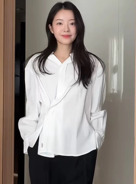 25初秋韩国设计师loe*vre允仔同款白色翻领不对称系扣衬衫女衬衣