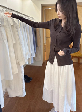 秋季韩国设计师Lfm*慵懒风翻领坑条收腰针织衫女修身天丝长袖开衫