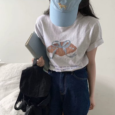 夏季韩国设计师ou*r可爱牛角包蝴蝶结丝带圆领短袖T恤女灰色半袖