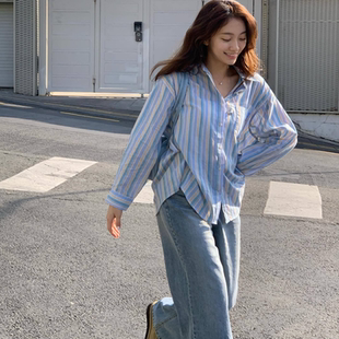 2026春秋韩国东大门小众个性清新蓝绿黄竖条纹长袖衬衫女宽松衬衣