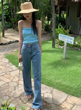 秋季韩国设计师vege*able休闲质感纵向水洗蓝色直筒牛仔裤女长裤