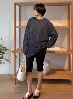 25秋季韩国设计师mon*ha灰蓝色细条纹圆领长袖T恤女宽松防晒上衣