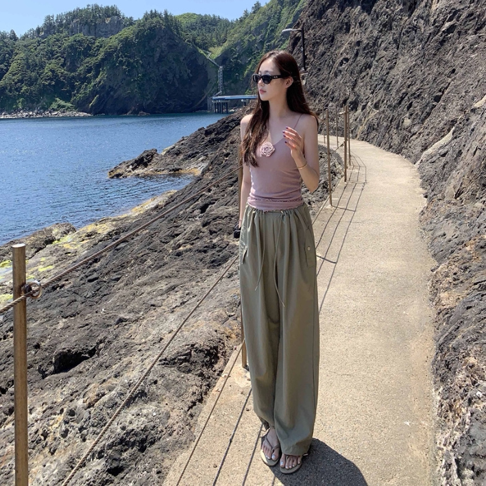 夏季韩国东大门工装风高腰口袋抽绳阔腿休闲裤女帅气黑卡其绿长裤
