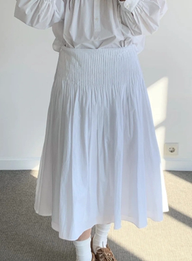 26春秋韩国设计师nothing wr*tten气质通勤白色收腰A字百褶半身裙