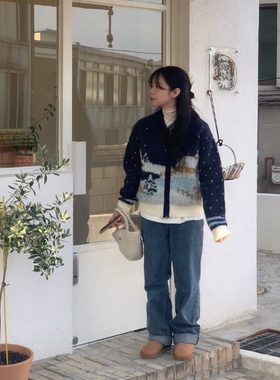 秋冬韩国设计师dep*und北欧风蓝色撞色房屋提花针织衫女毛衣开衫