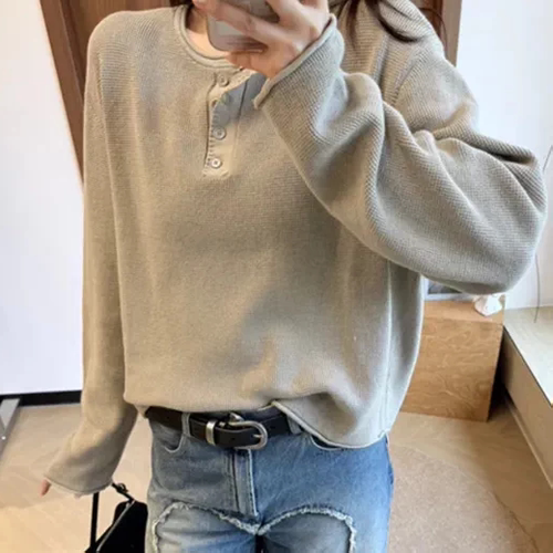 26秋季韩国设计师Low*亨利领半系扣卷边华夫格针织衫女纯棉上衣