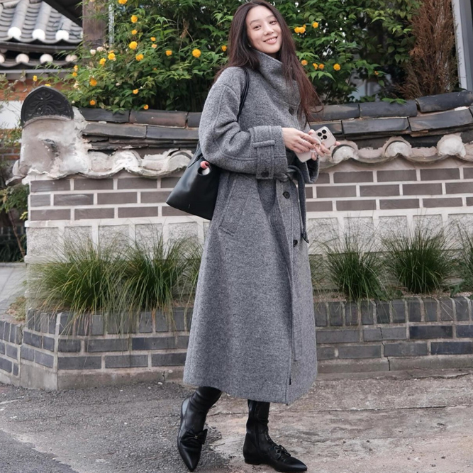 冬季韩国设计师loe*vre高级灰立翻领羊毛大衣女长款保暖廓形外套