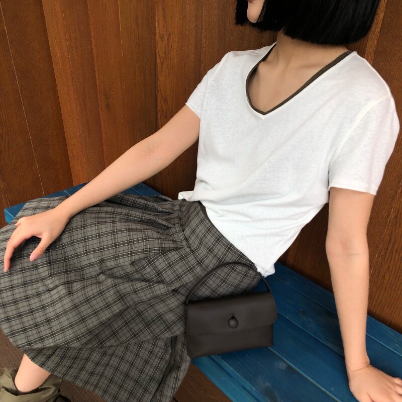 简约V领竹节肌理干爽透气亚麻棉短袖T恤女夏季薄款修身百搭上衣