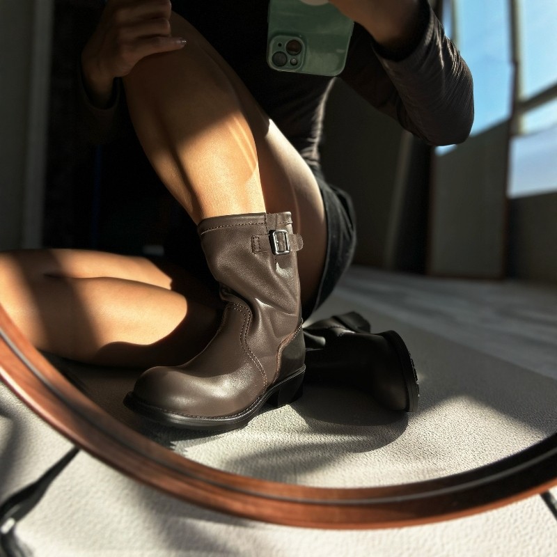 水染半植鞣牛皮复古皮带扣骑士靴女真皮中筒靴圆头低跟短靴工装靴,女鞋,时装靴,淘宝优惠券,粉丝福利购,淘宝优惠卷