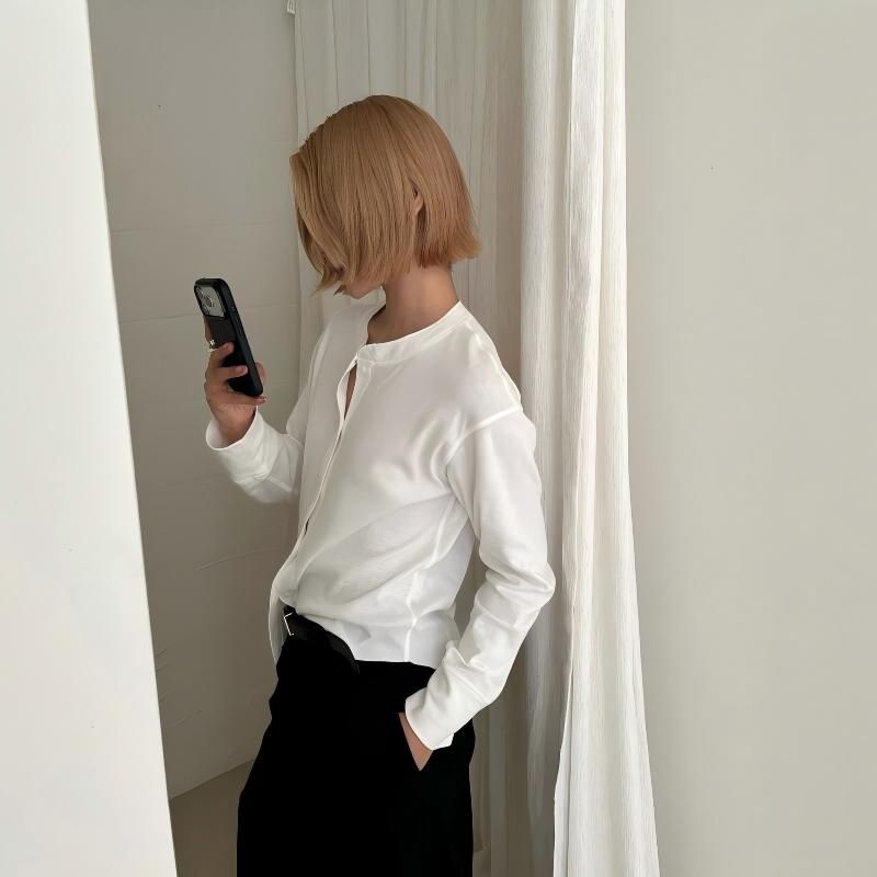 松弛感舒适轻薄罗纹棉短款箱型圆领开衫长袖T恤女防晒简约上衣女
