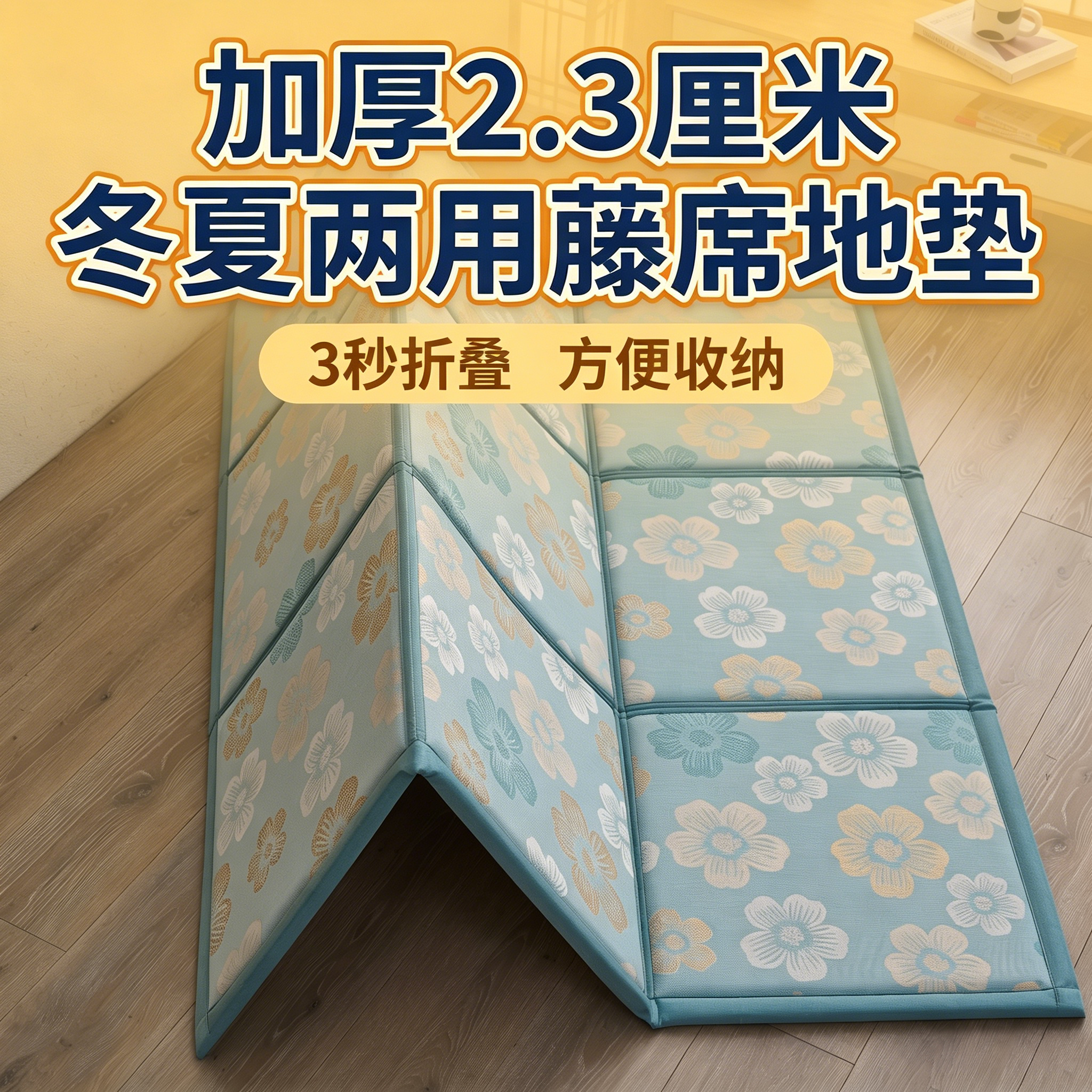 双面藤席加厚折叠冰丝凉席地垫睡觉打地铺床垫睡垫儿童爬爬垫子