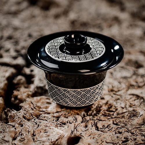 瓷茶记李斌玄色回纹系列马蹄盖碗原创简约二才盖碗手工泡茶器非遗