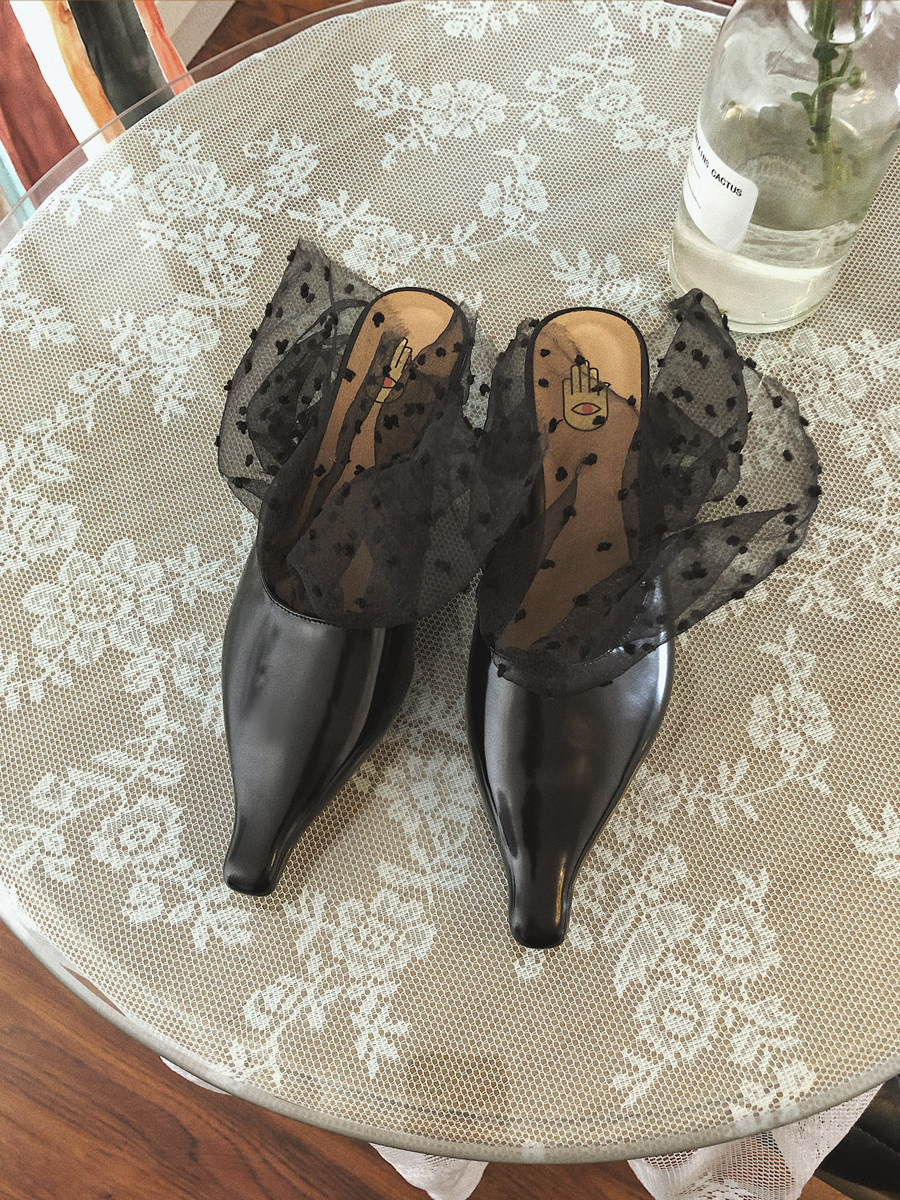 Ding Yin Studio ) Original designer handmade women's shoes) genuine leather sole) polka dot cat heel pointed-toe slippers mules