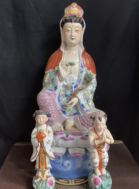景德镇粉彩手绘陶瓷器坐莲观音雕塑佛堂摆件佛像客厅佛堂装饰52cm