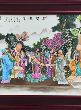 手绘瓷板画实木复古怀旧风景壁画中式客厅装饰画瓷画壁挂版画两米